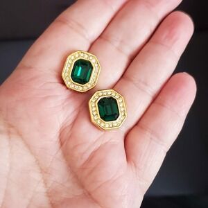 VTG Swarovski Halo Stud Earrings Green & Clear Crystals Gold Signed S.A.L. 80's